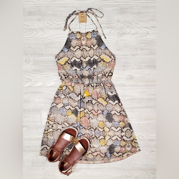 Chic Colorful Snake Print Halter Dress Size Medium - Picture 1 of 4